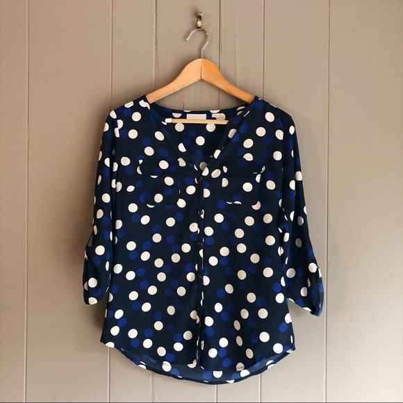 New York & Company Tops - New York & Co Navy & White Polka Dot Blouse